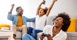 A family plays video games together.
