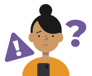A child with a smartphone and icons relating to questions and danger.