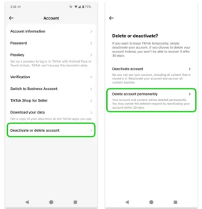 Screenshot showing how to delete a TikTok account.