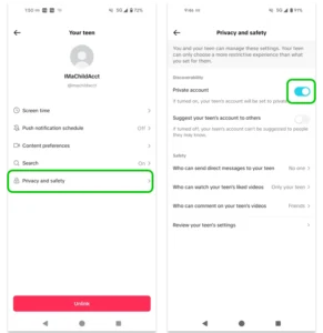 Screenshot of the Privacy and safety menu within TikTok parental controls (Family Pairing).