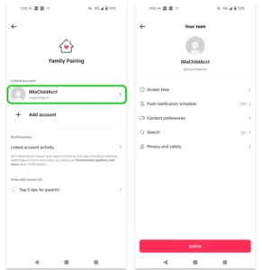 Screenshot of parent's view of Family Pairing with a child added.