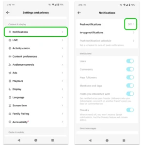 Screenshot of notifications settings in the TikTok app.