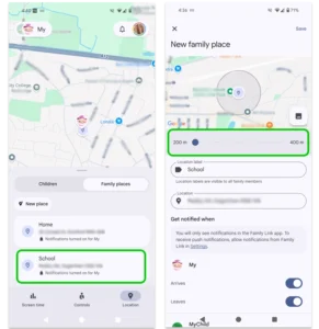 Screenshot showing how to increase the area of a family place with Google Family Link.
